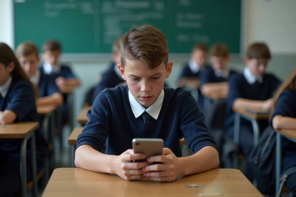 Adolescent en uniforme regardant son smartphone en classe