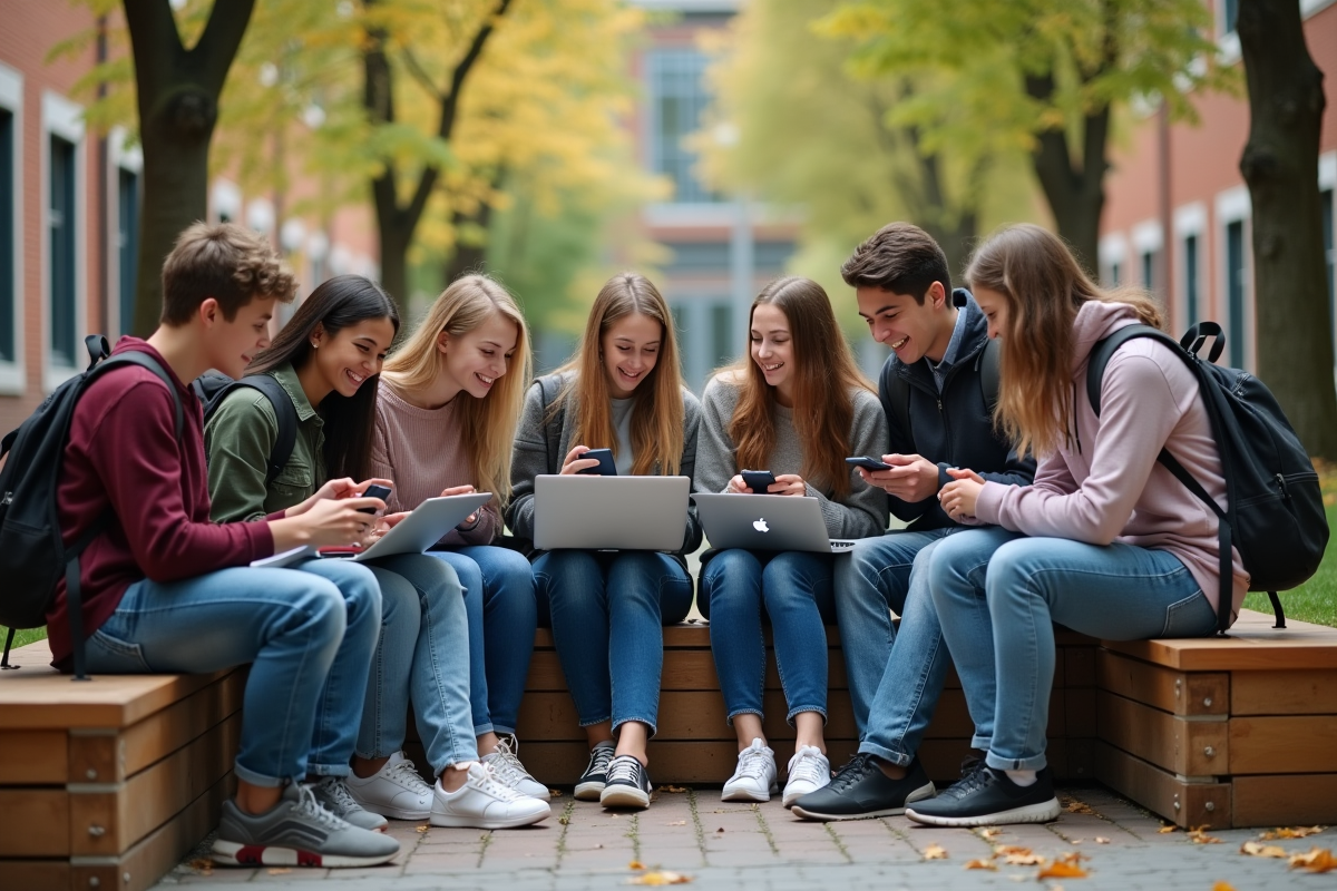 Groupe de lycéens utilisant smartphones dans la cour