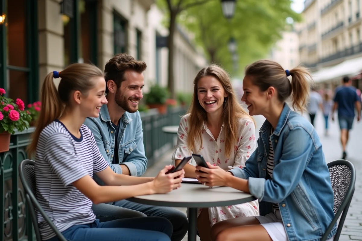 Jeunes parents français discutant de la popularité du prénom Noah à la terrasse d'un café parisien