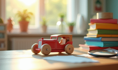 Voiture en bois vintage avec livres colorés et loupe dans une chambre lumineuse