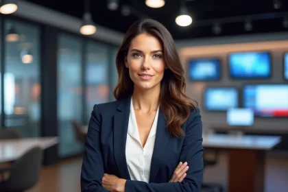 Journaliste femme en blazer marine dans un studio de télévision moderne, portrait éditorial réaliste