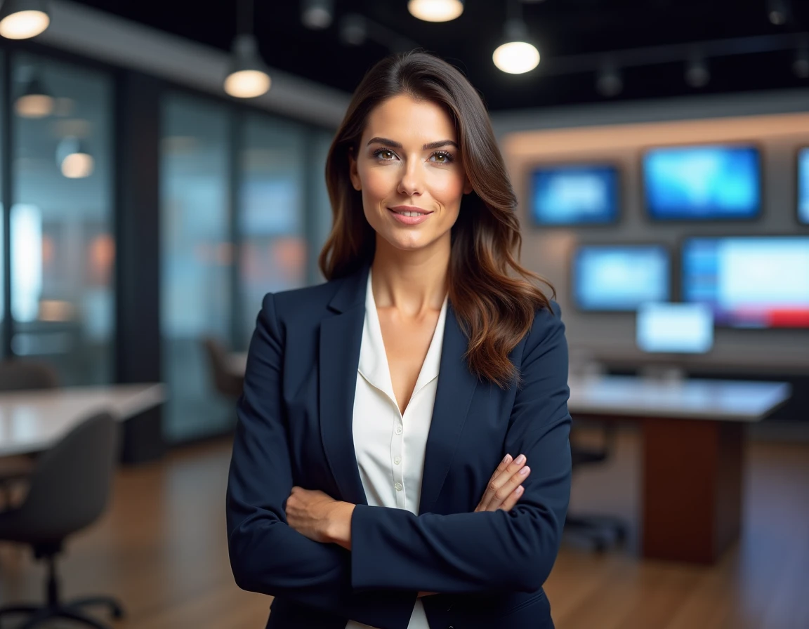 Journaliste femme en blazer marine dans un studio de télévision moderne, portrait éditorial réaliste