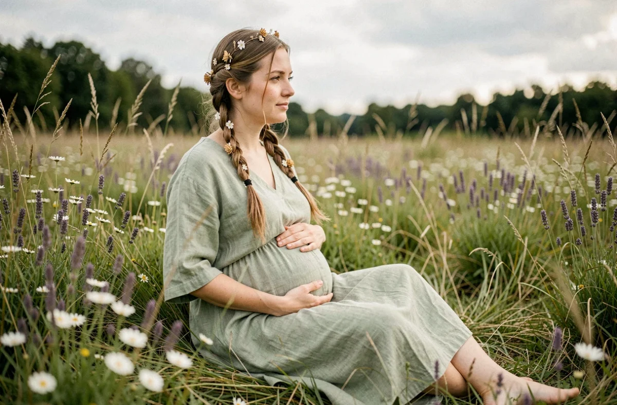 Julietta Photography, séance grossesse en plein air dans une prairie fleurie alsacienne