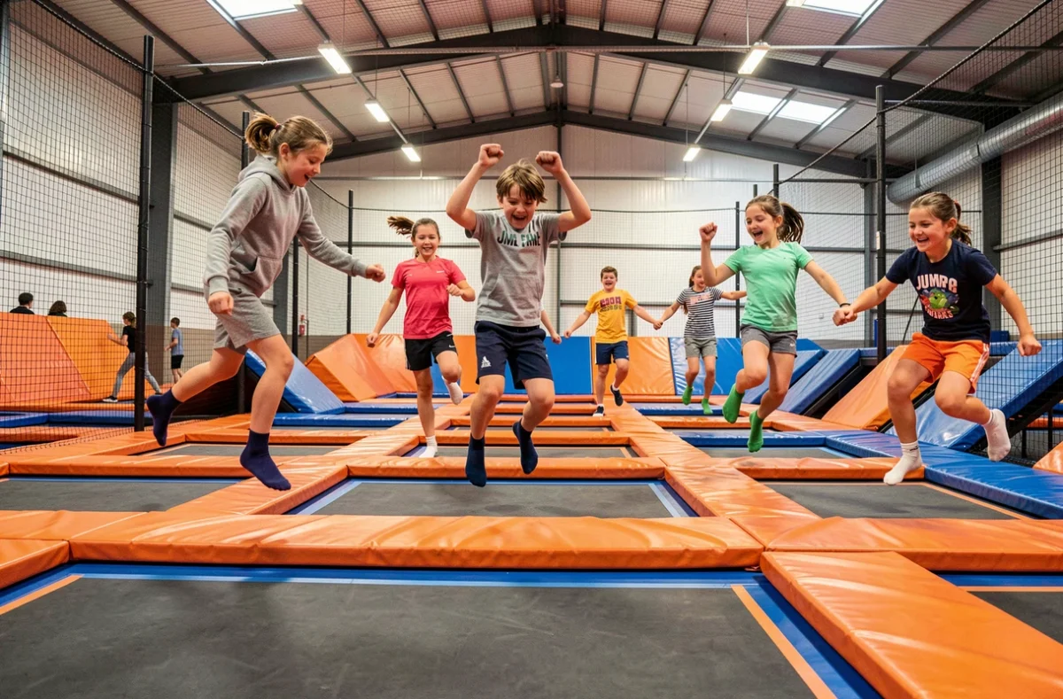 Enfants qui sautent sur les trampolines lors d'un anniversaire sportif au Jump R Parc de Carcassonne