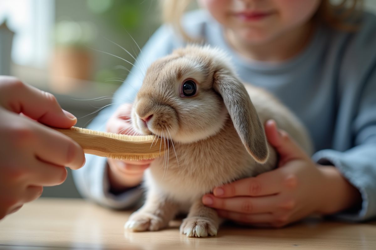 Gros plan sur un lapin dwarf lop brossé par des mains d
