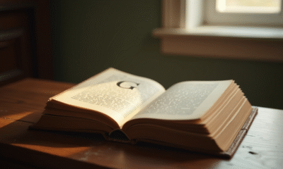 Livre vintage ouvert sur la lettre G sur un bureau en bois