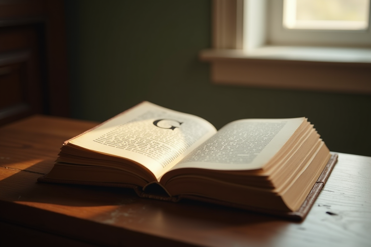 Livre vintage ouvert sur la lettre G sur un bureau en bois