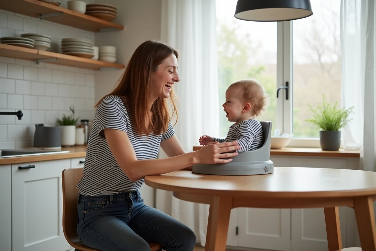 Louane jouant avec son bébé à la table de la cuisine dans une ambiance domestique authentique en 2026