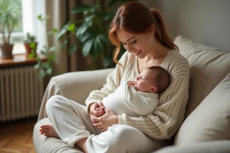 Louane tenant tendrement son bébé endormi dans les bras dans un appartement parisien chaleureux en 2026