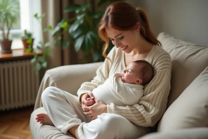 Louane tenant tendrement son bébé endormi dans les bras dans un appartement parisien chaleureux en 2026
