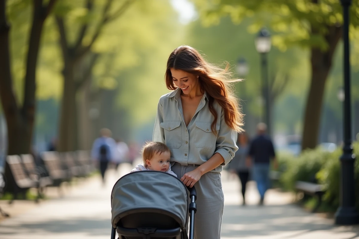 Louane se promenant avec son bébé en poussette dans un parc parisien en 2026