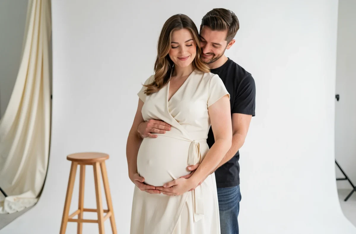 Couple attendant un bébé photographié en studio professionnel à Metz pour Lucille Images