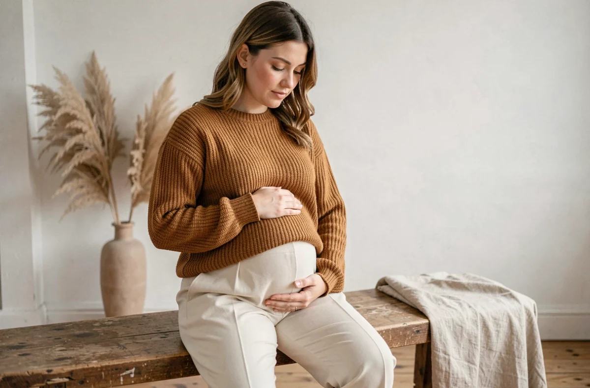 Magali Tinti photographe spécialisée grossesse, femme enceinte en pull caramel dans un studio minimaliste
