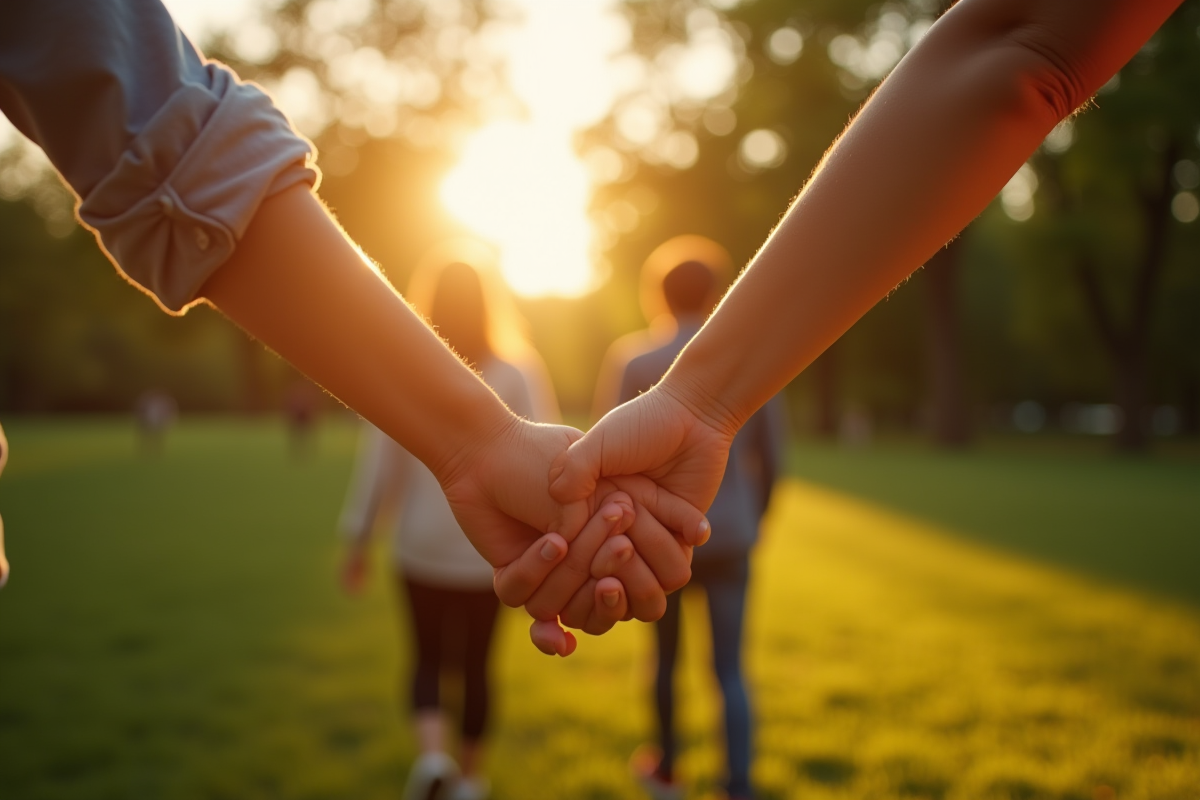 Couple se tenant la main dans un parc au coucher du soleil