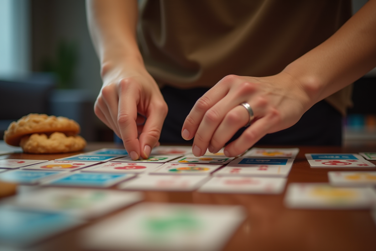 Mains plaçant des cartes colorées sur la table de jeu