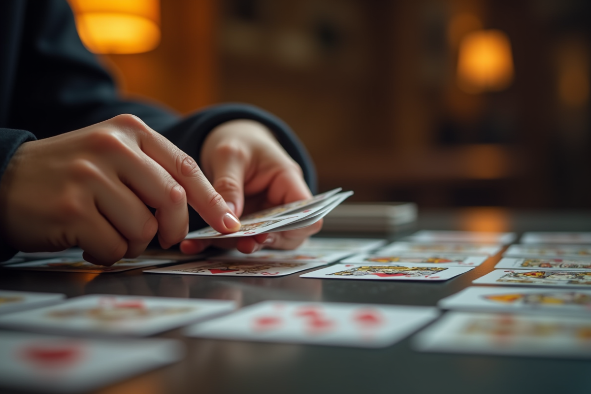 Mains élégantes mélangeant un deck de cartes modernes