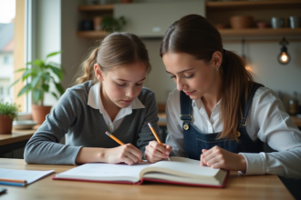 Maman aide sa fille à faire ses devoirs à la maison
