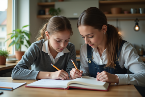 Maman aide sa fille à faire ses devoirs à la maison