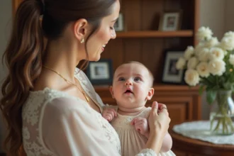 Mère attachant une médaille de baptême à sa fille