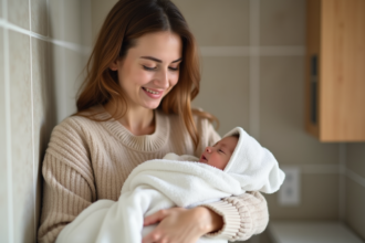Jeune maman souriante avec bébé dans un bain chaleureux