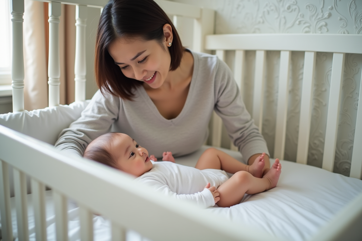 Maman place doucement sa fille dans un lit bébé