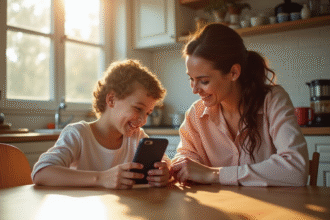 Maman et son enfant souriants à la cuisine en matinée ensoleillée