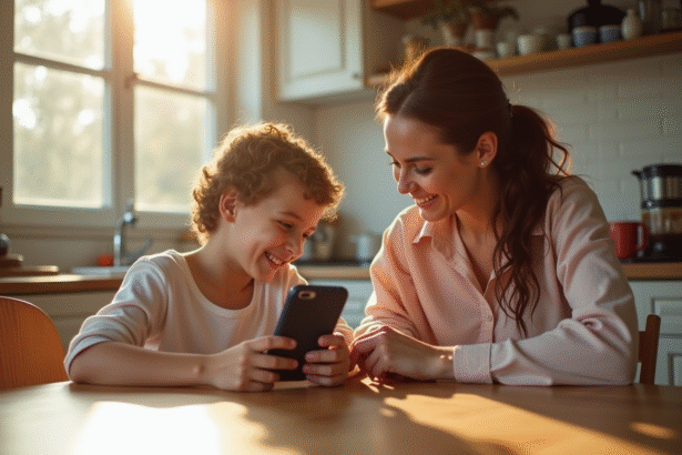 Maman et son enfant souriants à la cuisine en matinée ensoleillée