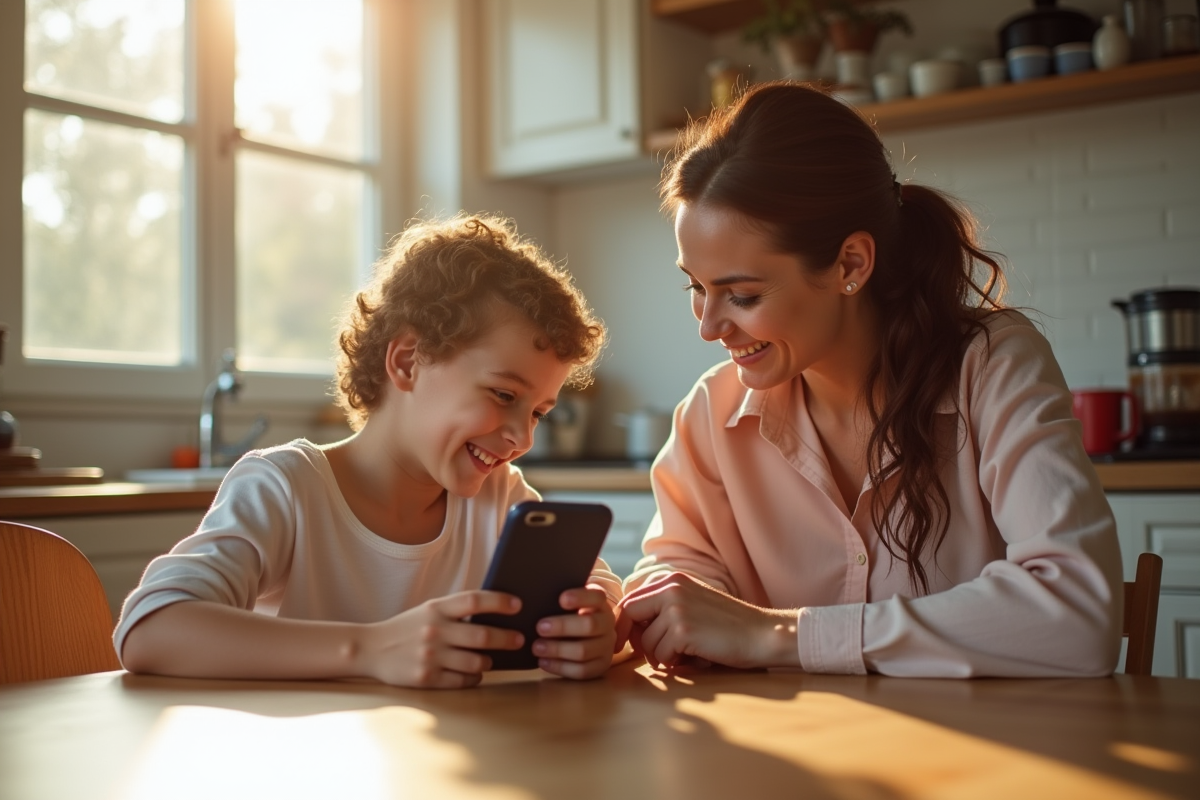 Maman et son enfant souriants à la cuisine en matinée ensoleillée