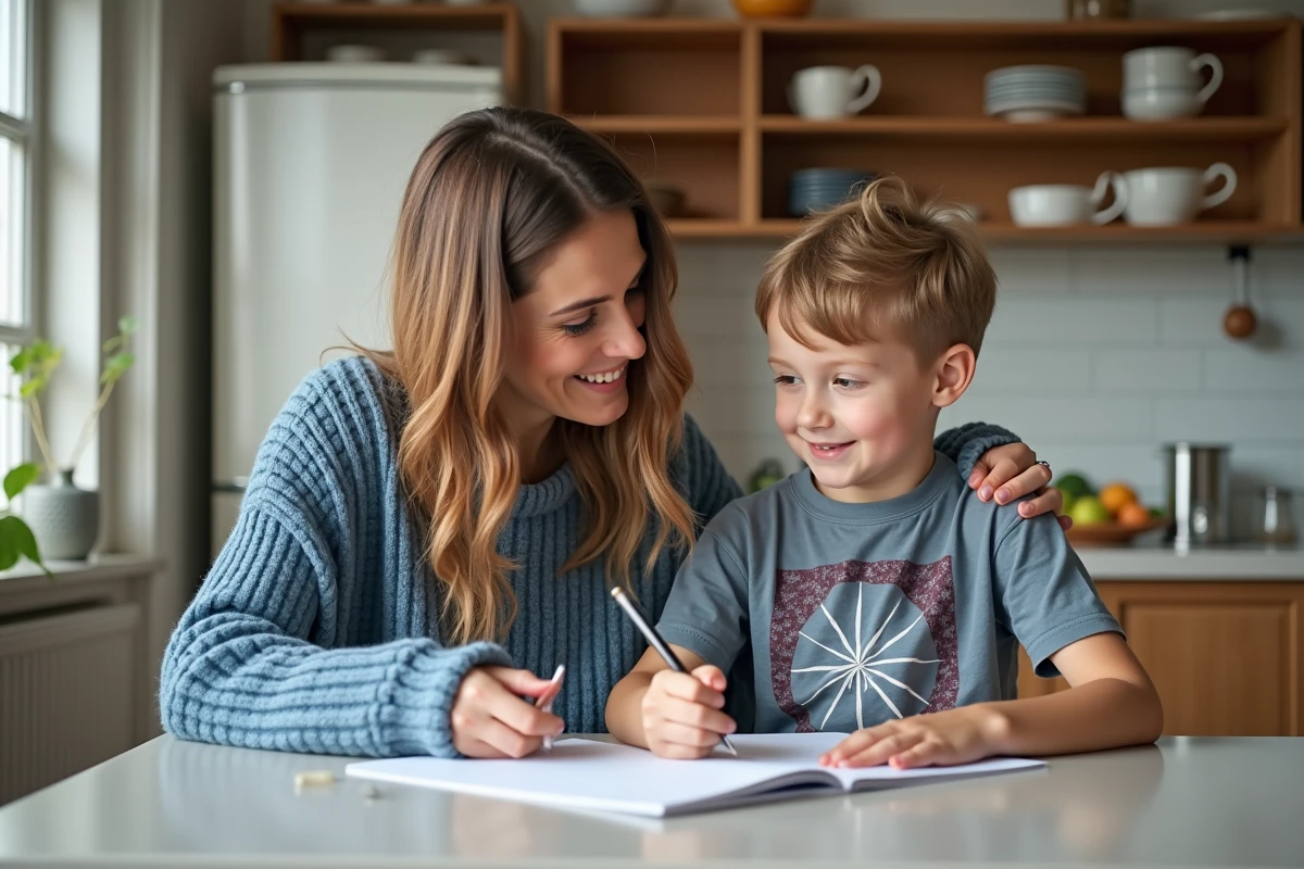 Femme aidant son enfant à faire ses devoirs à la maison