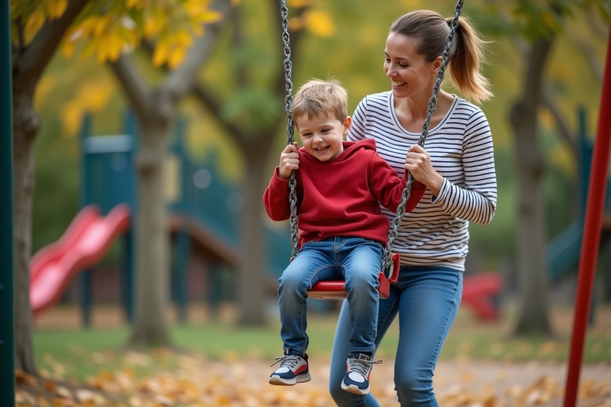 Maman poussant son fils sur une balançoire au parc