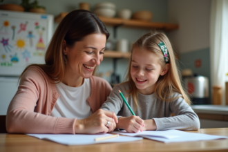 Maman et fille faisant leurs devoirs à la cuisine