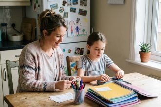 Maman et fille organisent leurs fournitures scolaires à la maison