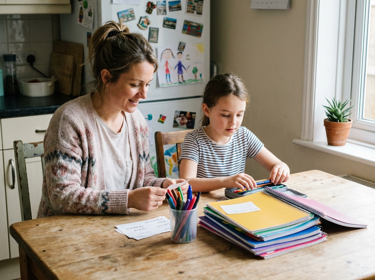 Maman et fille organisent leurs fournitures scolaires à la maison