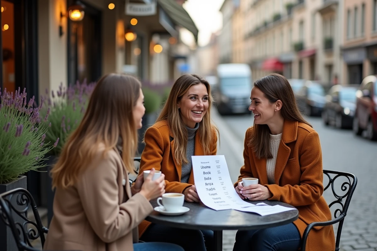 Groupe de mamans discutant d'une liste de prénoms autour d'un café en terrasse