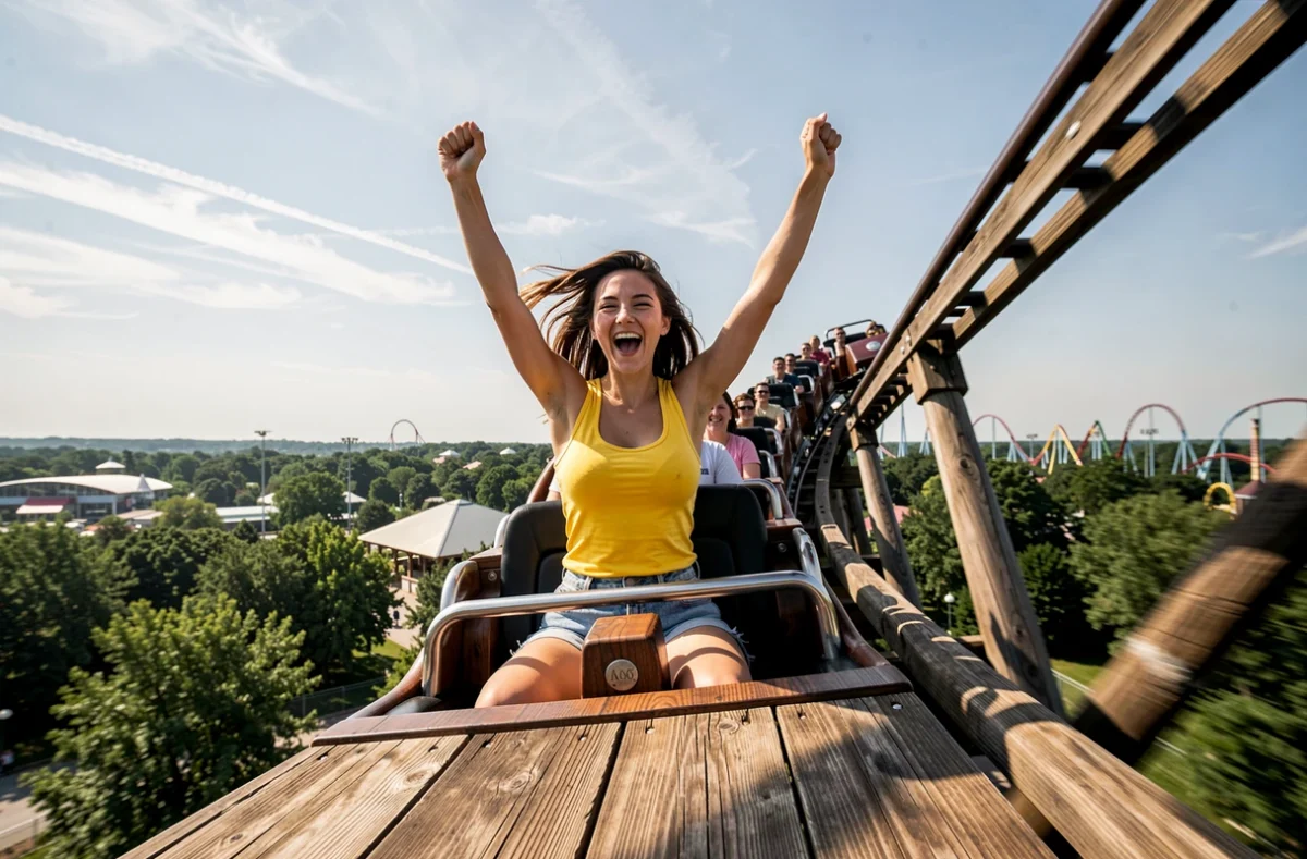 Jeune femme les bras levés sur un grand roller coaster en bois à PortAventura Park