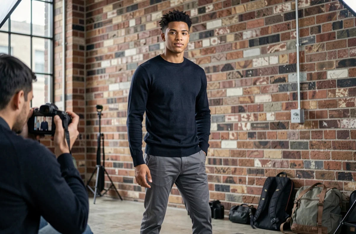 Jeune mannequin masculin posant dans un loft industriel pendant une séance photo pour son book professionnel