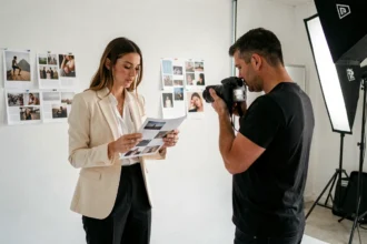 Mannequin professionnelle et photographe consultant un book de mannequin dans un studio photo moderne