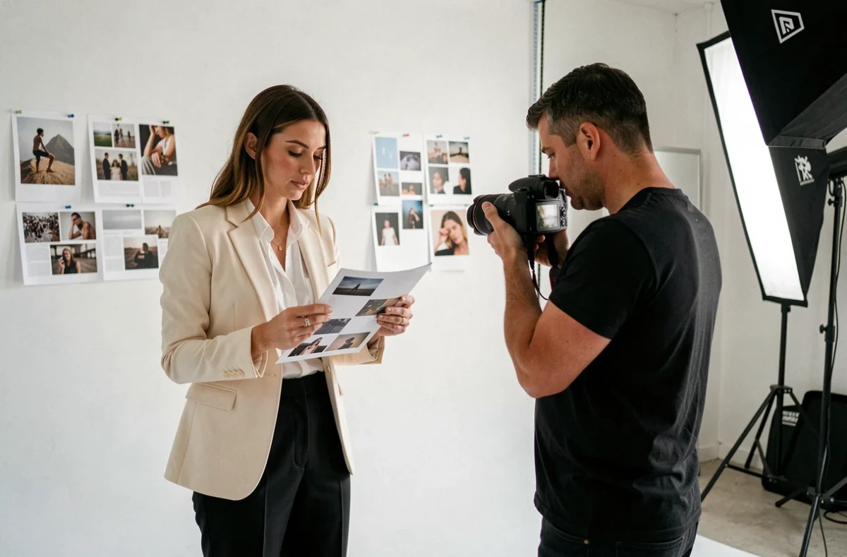 Mannequin professionnelle et photographe consultant un book de mannequin dans un studio photo moderne