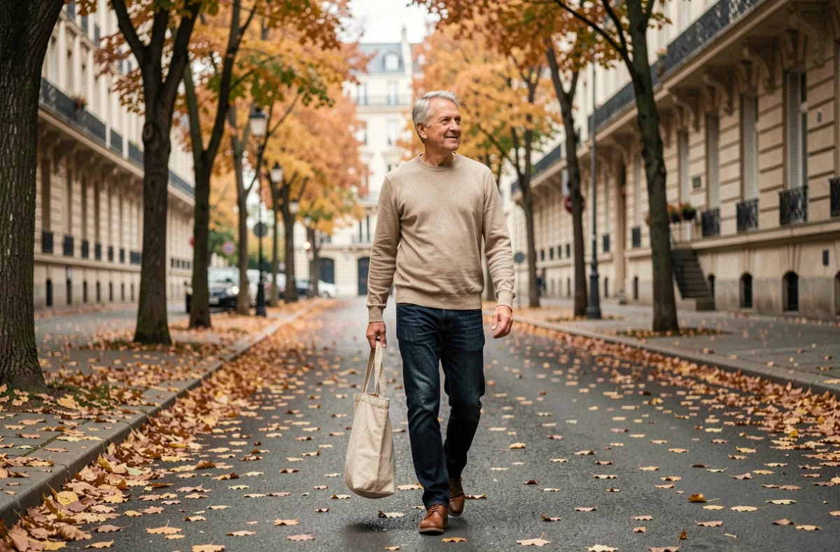Marc Toesca se promenant sur un boulevard parisien en automne, vie familiale et intimité préservée