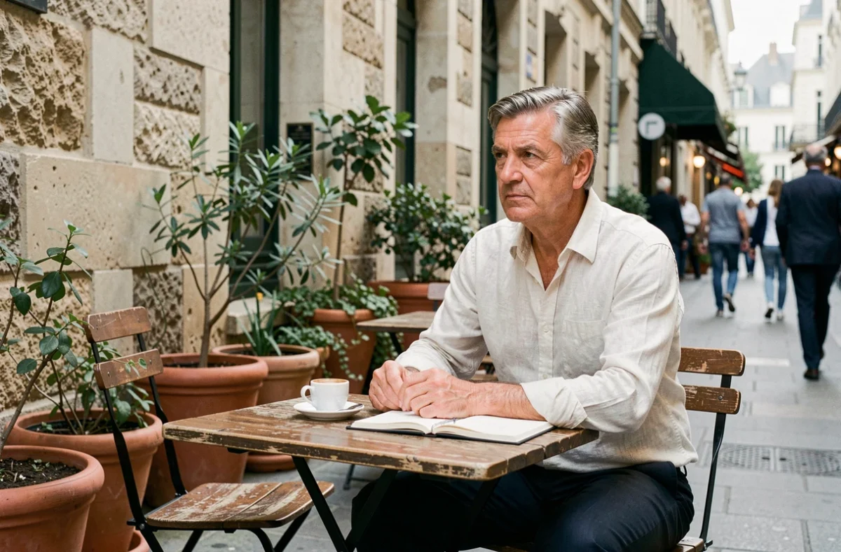 Marc Toesca attablé en terrasse parisienne, moment de détente et de réflexion dans sa vie quotidienne