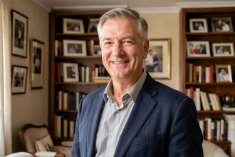 Portrait de Marc Toesca dans un intérieur parisien chaleureux, animateur télévision souriant en blazer marine