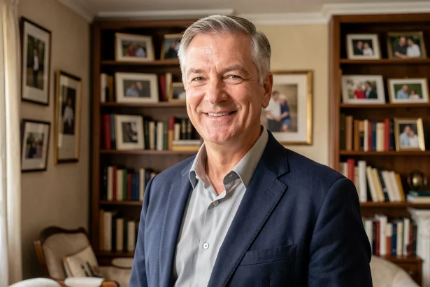 Portrait de Marc Toesca dans un intérieur parisien chaleureux, animateur télévision souriant en blazer marine