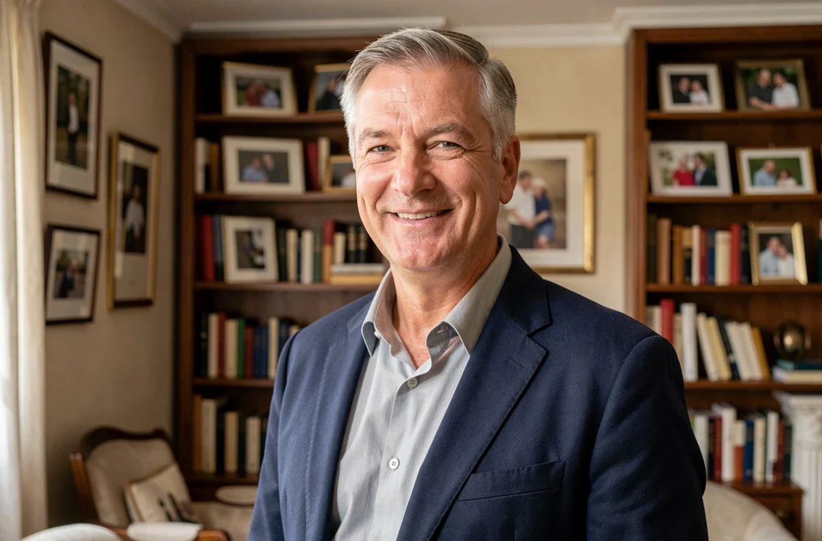 Portrait de Marc Toesca dans un intérieur parisien chaleureux, animateur télévision souriant en blazer marine