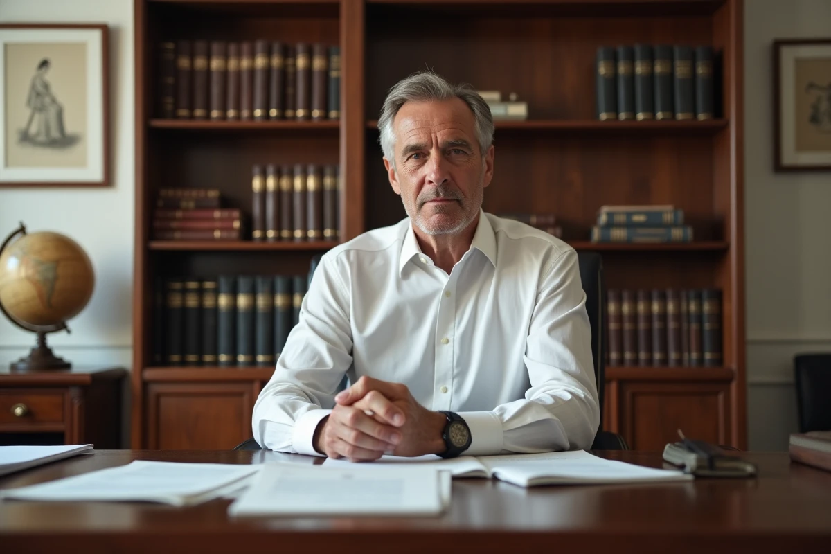 Homme distingué dans la soixantaine assis dans un bureau parisien élégant, portrait discret évoquant le mari d'une personnalité médiatique française