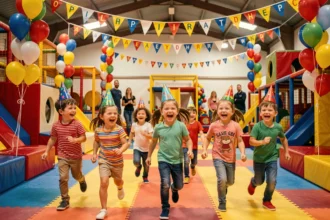 Groupe d'enfants joyeux fêtant leur anniversaire dans une salle de jeux colorée en Occitanie