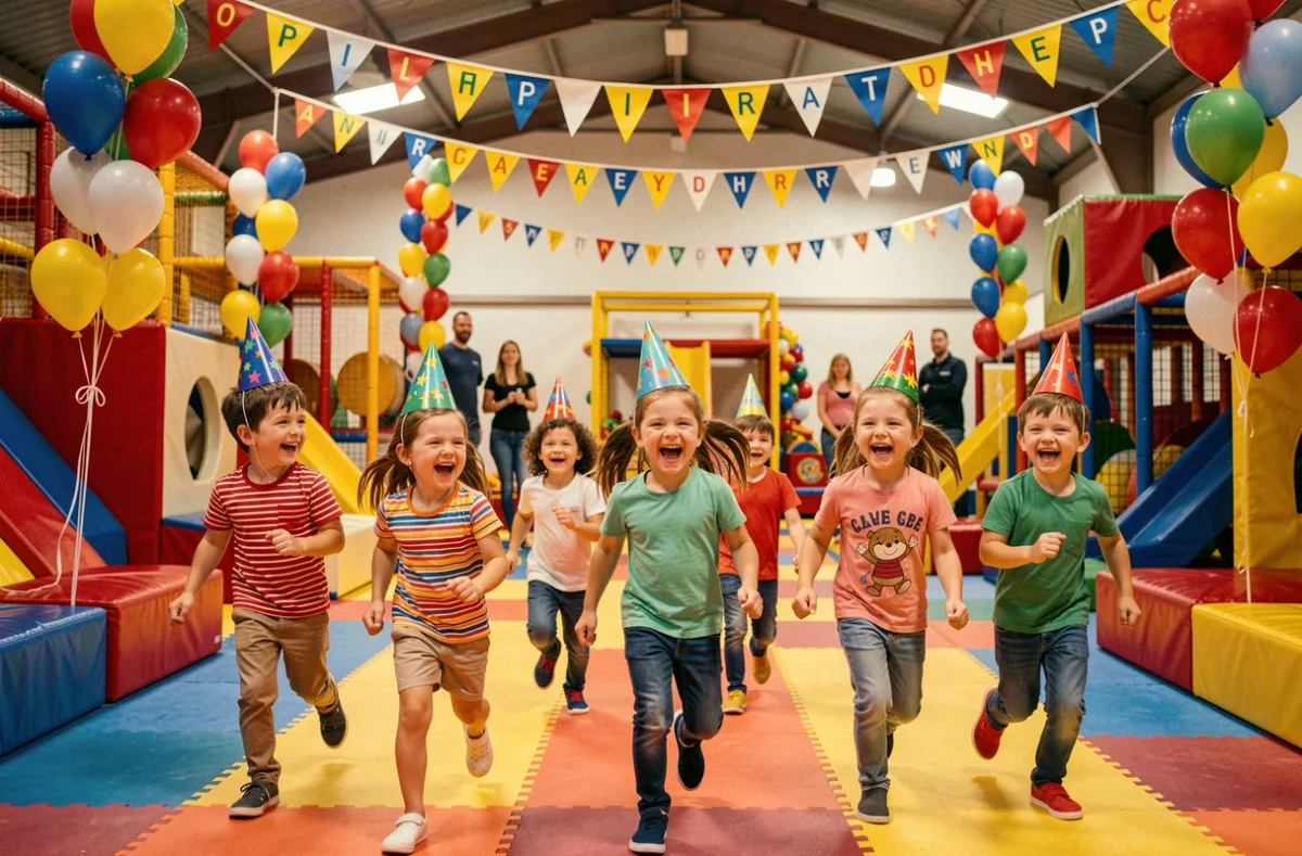 Groupe d'enfants joyeux fêtant leur anniversaire dans une salle de jeux colorée en Occitanie