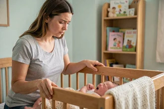 Mère hésitante au bord d'un berceau regardant son bébé qui pleure dans une chambre d'enfant douce et chaleureuse