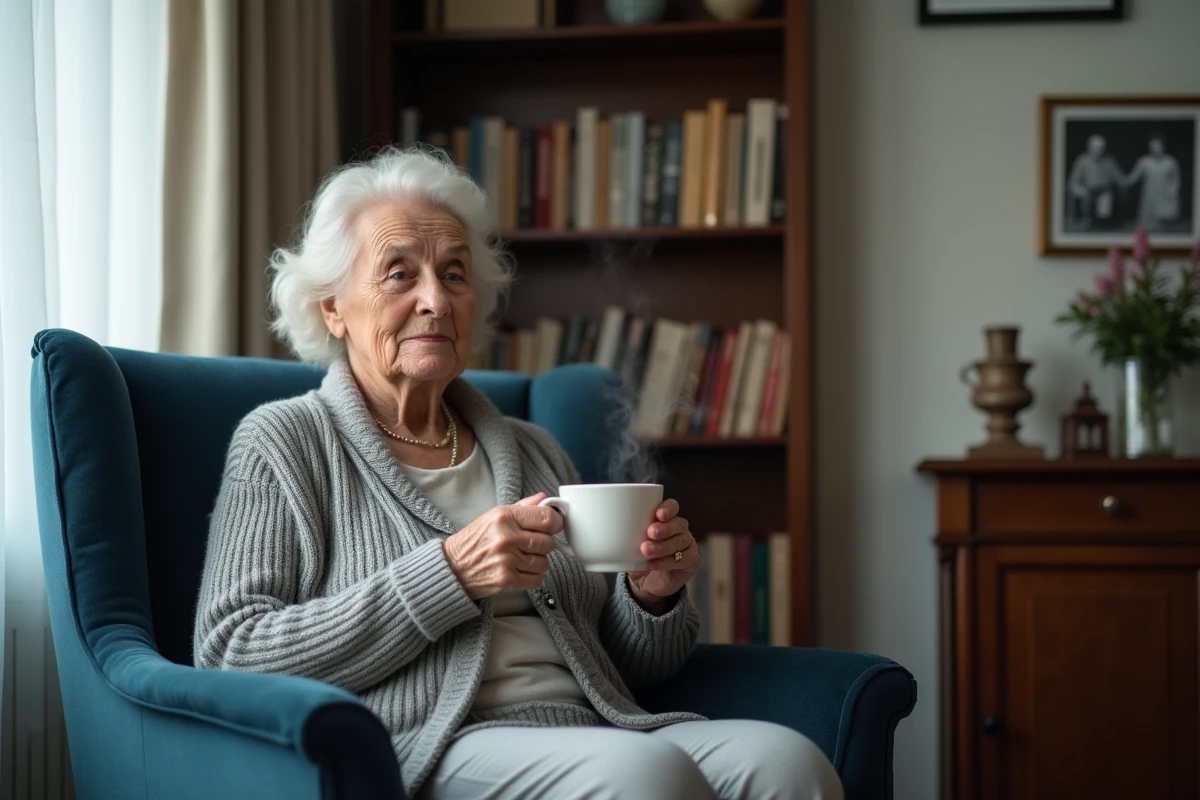 Mère âgée de Christian Rossi dans son salon discret tenant une tasse de thé loin des caméras