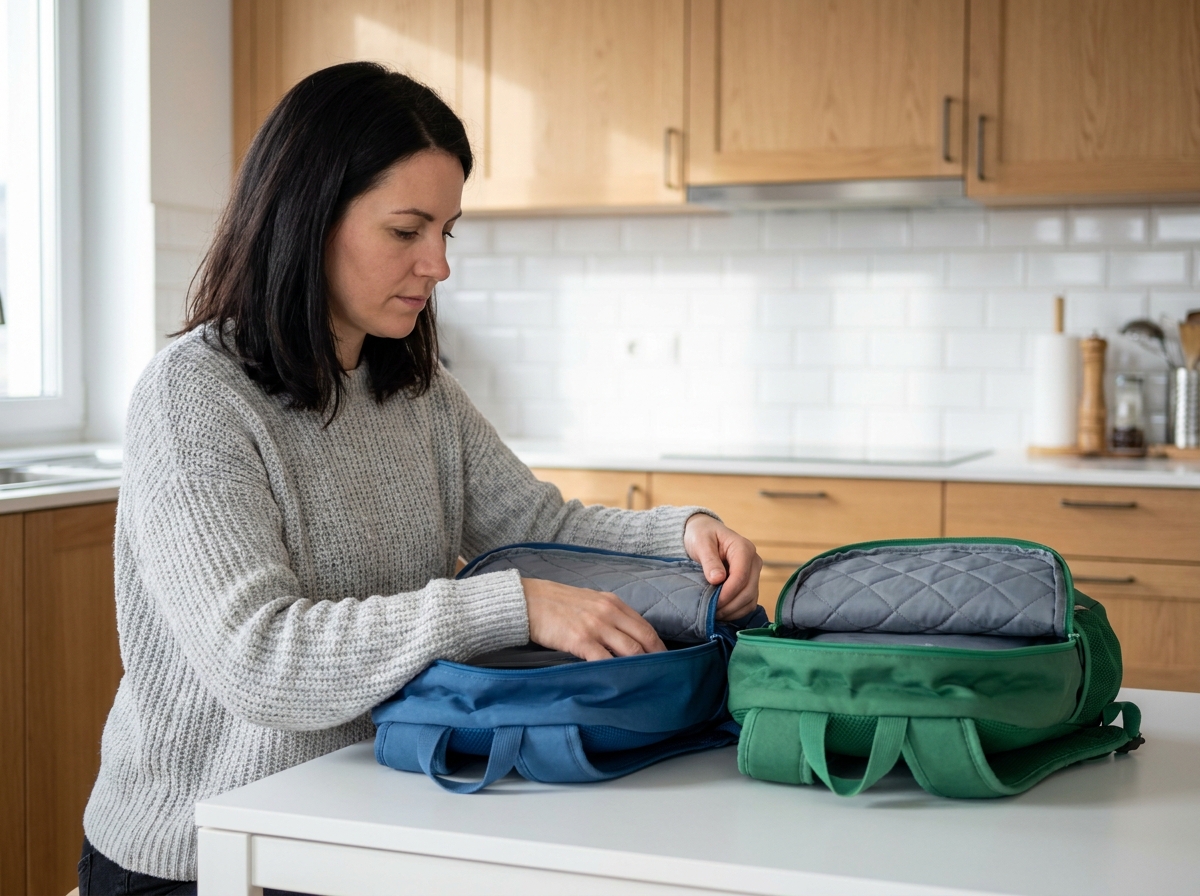 Mère comparant deux cartables ergonomiques ouverts sur une table de cuisine pour choisir le meilleur pour son enfant