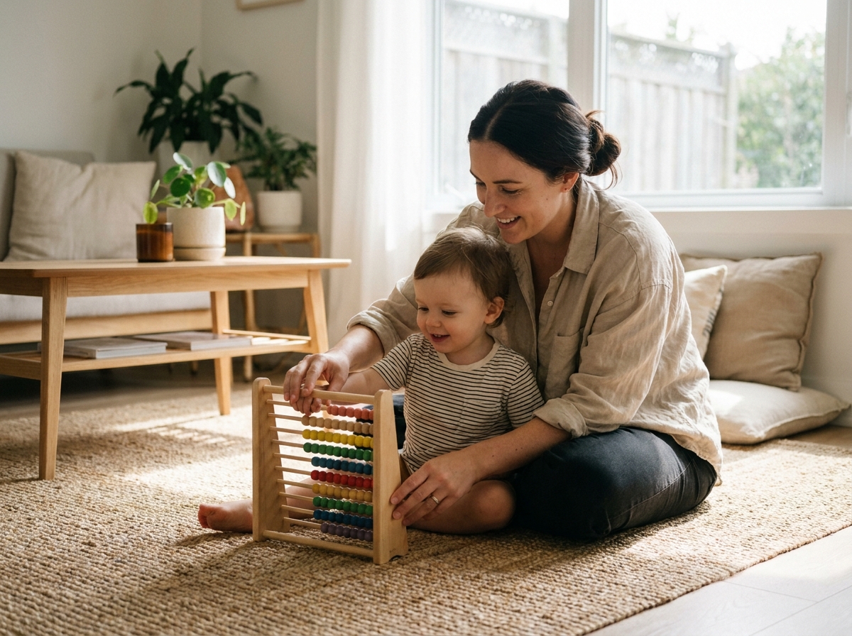 Mère et enfant en bas âge apprenant à compter ensemble avec un boulier en bois, jouet éducatif Montessori